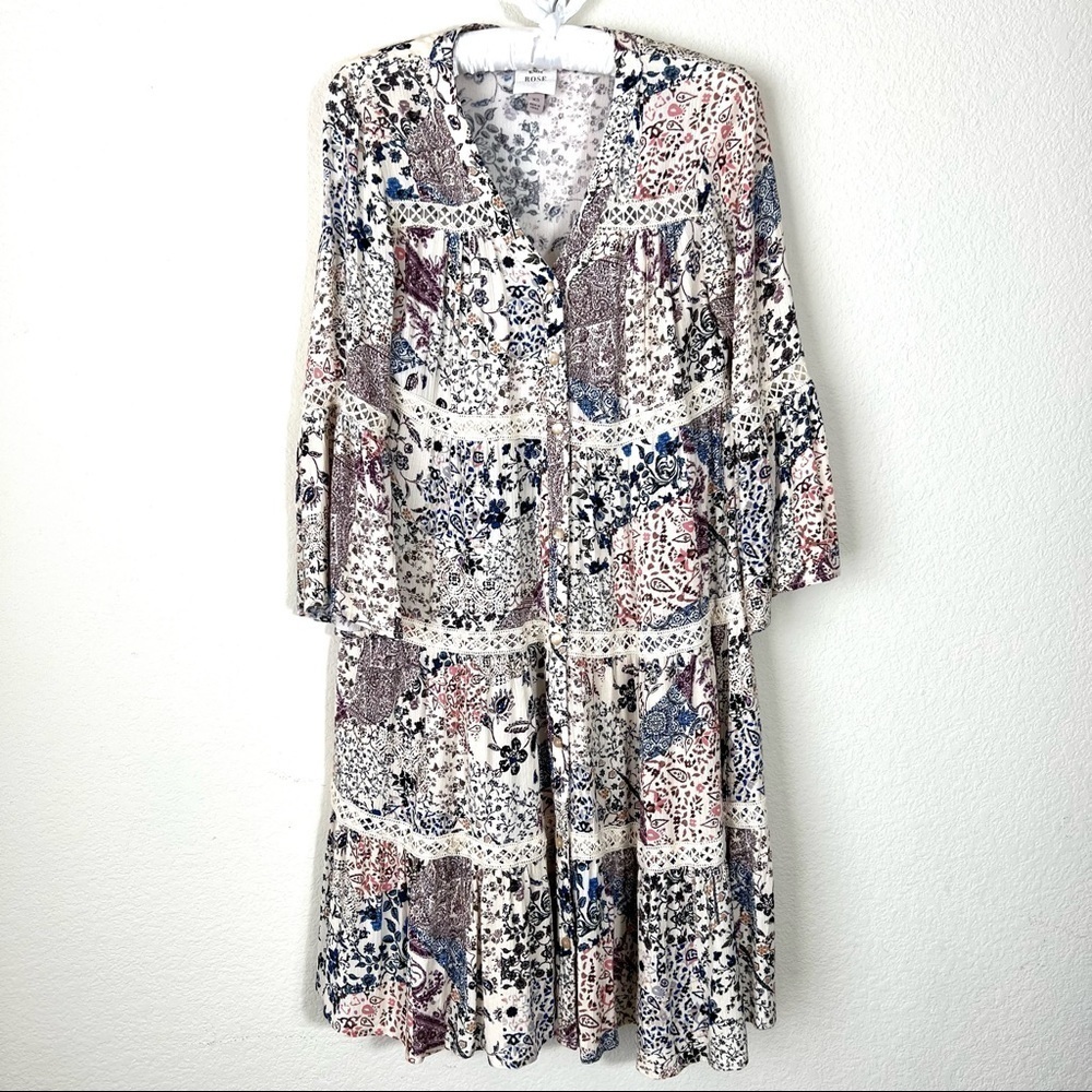 Bohemian Crochet Floral Tiered Mini Dress Size XS Peasant‎ Cottagecore Feminine